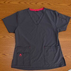 Classic Gray Scrub Top with Pink Trim- Casual & Comfortable - Women's L